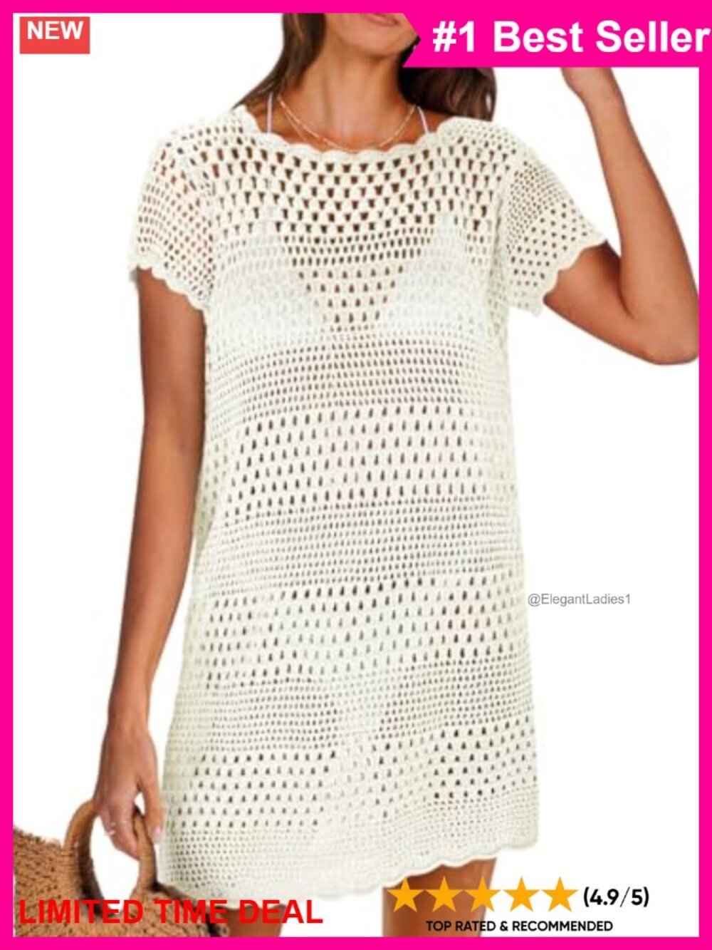 Mesh Knit Crochet Swim Cover Up Short Sleeve Beach Mini Dress